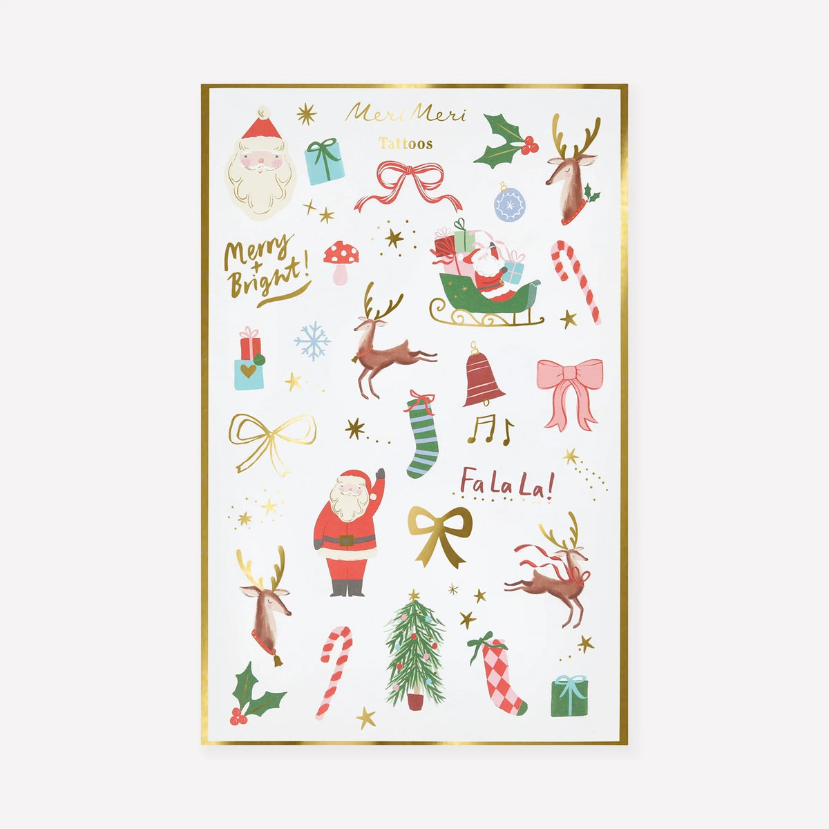Meri Meri Christmas temporary tattoo sheet packaging with festive holiday designs.