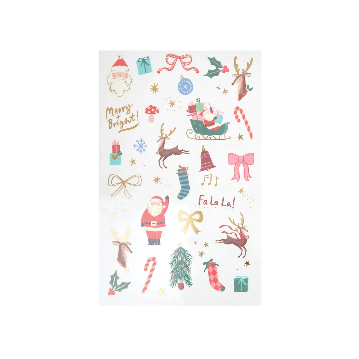 Sheet of festive Christmas temporary tattoos featuring Santa, reindeer, and holiday icons.