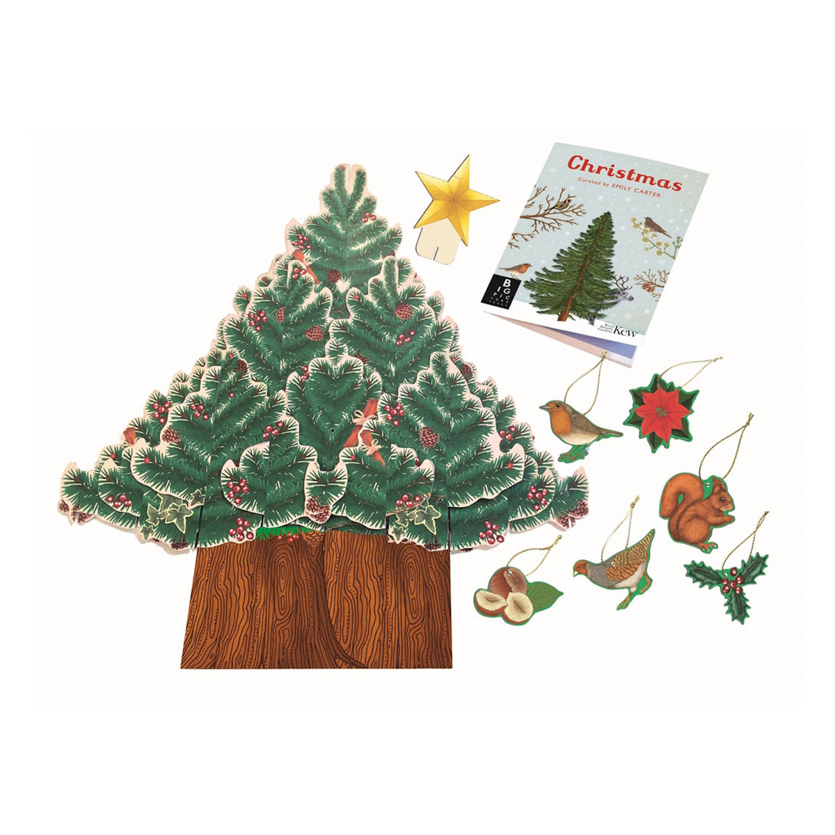 Pop-up Christmas tree advent calendar with star topper, holiday booklet, and nature-themed paper ornaments.