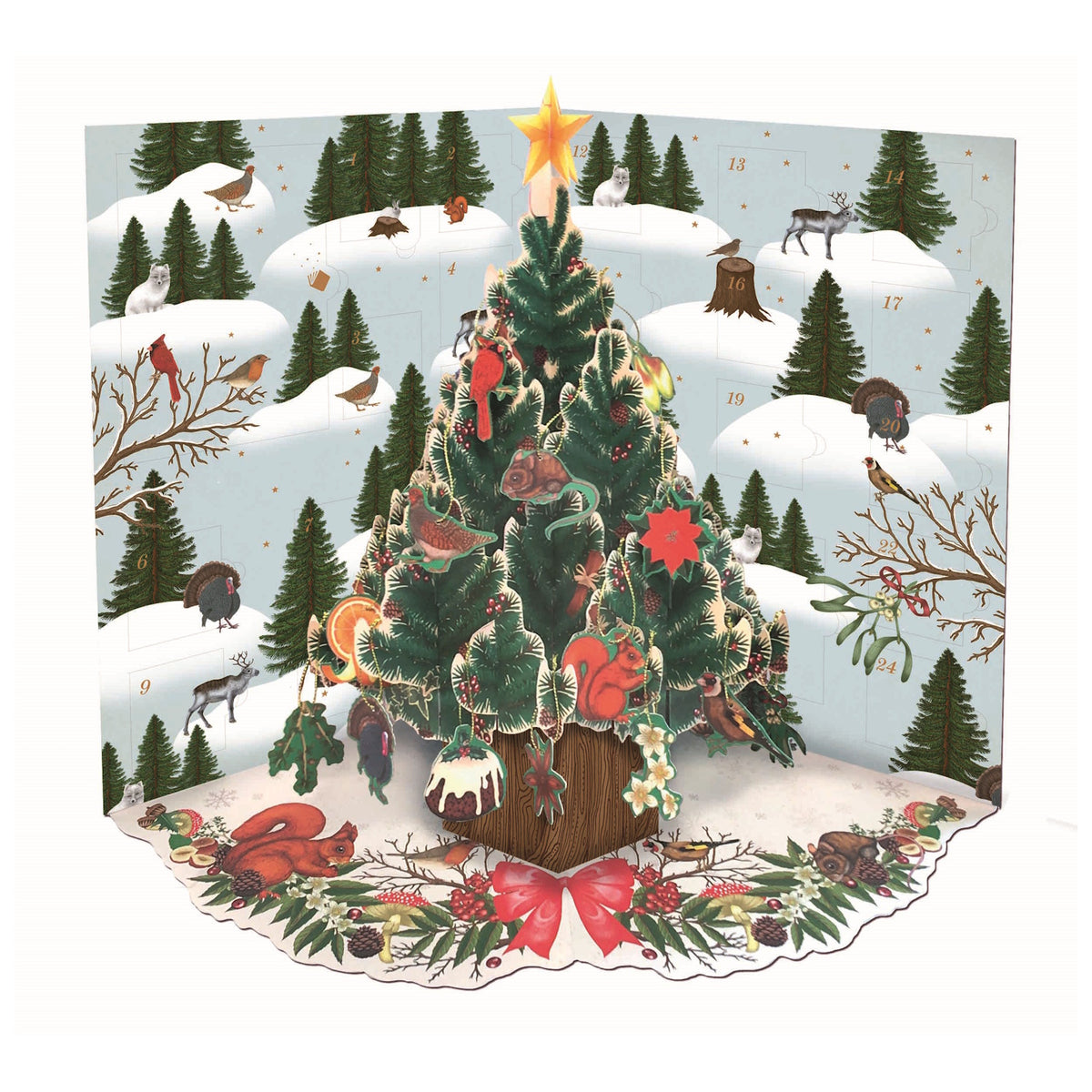 Pop-up Christmas tree advent calendar featuring winter animals, birds, and forest greenery in a snowy landscape.