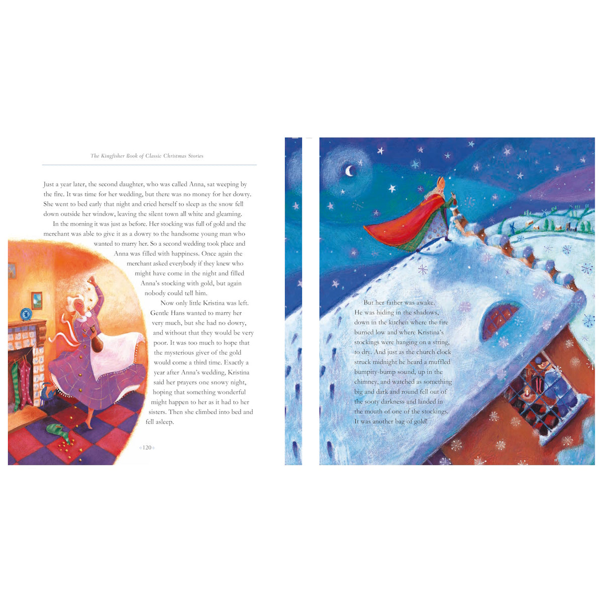 An open children's book with colorful illustrations of a winter scene and a cozy room, telling a story about stockings.