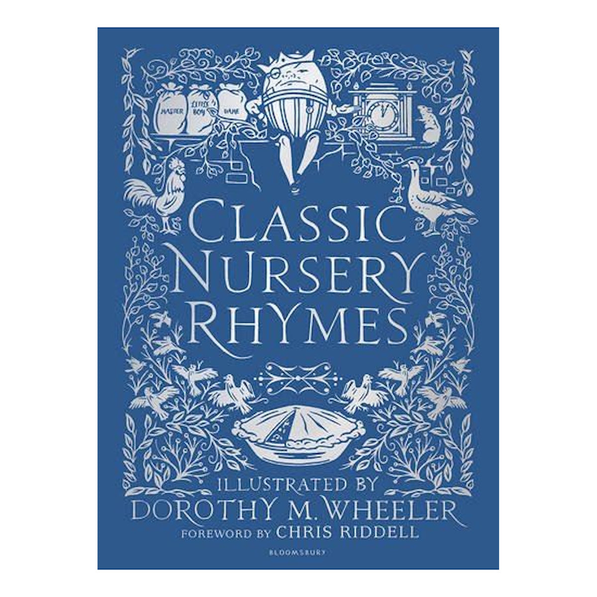 Blue book cover titled "Classic Nursery Rhymes," with white illustrations of nursery characters like Humpty Dumpty, birds, and plants. Whimsical and nostalgic.