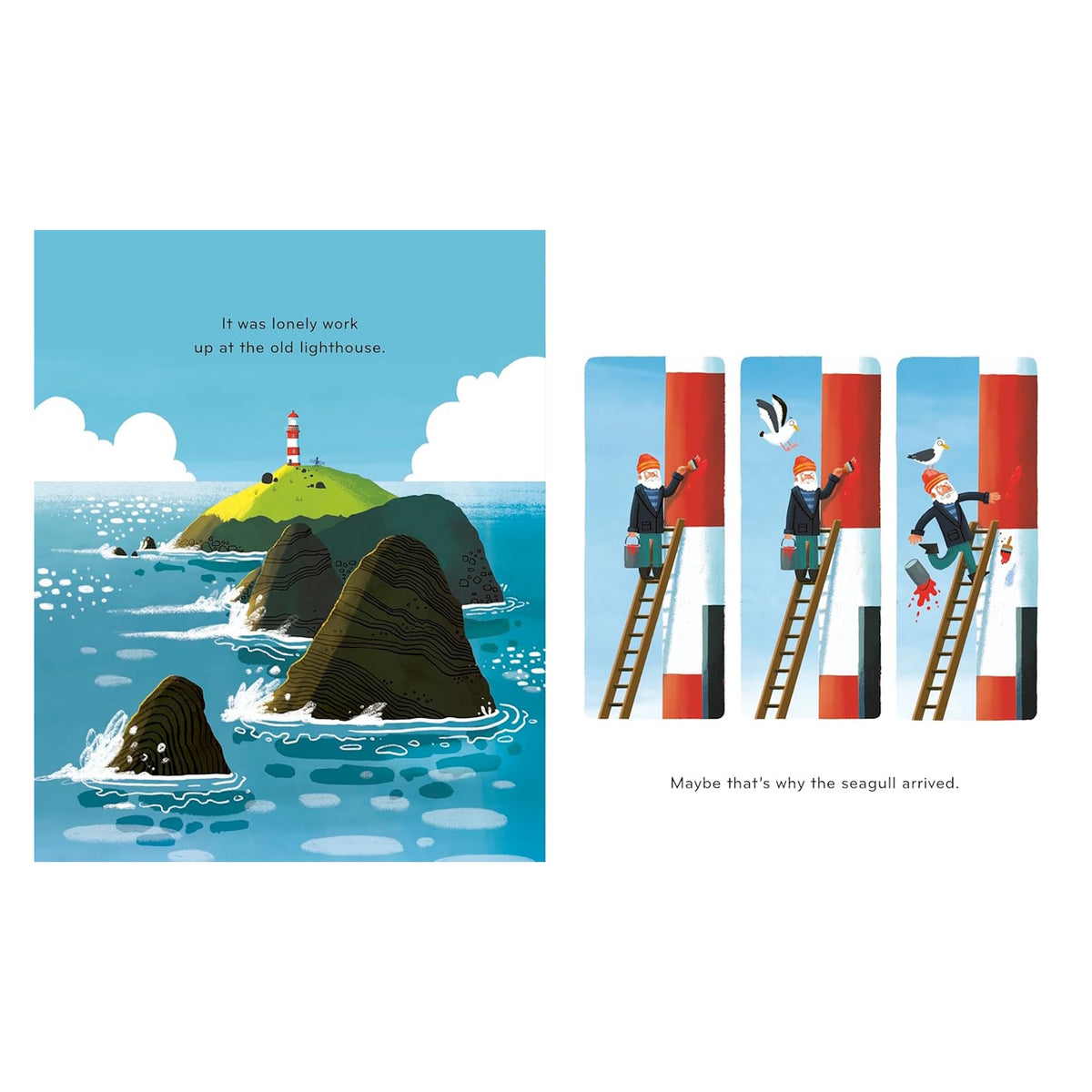 Illustration of a lighthouse on an island and a lighthouse keeper being visited by a seagull on a ladder.