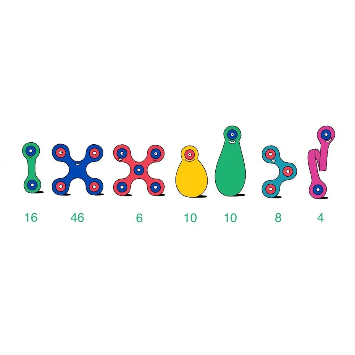 7 Clixo magnetic toy shapes arranged in a row with numbers underneath, showing quantities of a classroom pack.