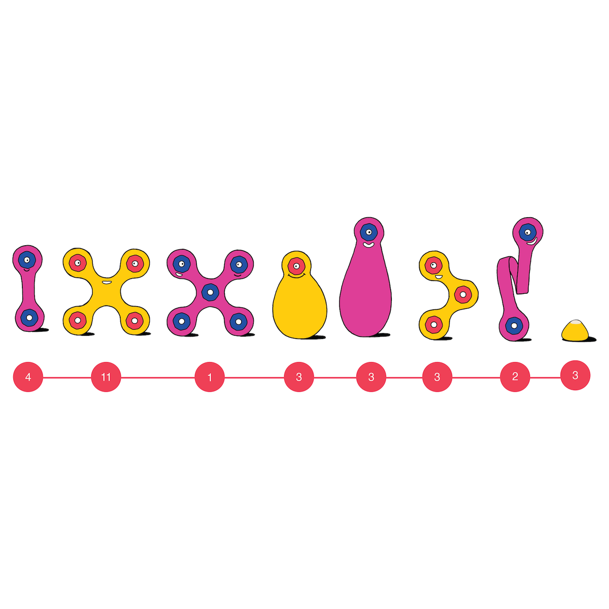 Illustration of pink and yellow magnetic toy shapes with numbers below displaying piece counts.