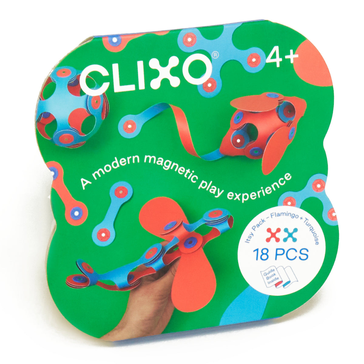Clixo Itsy Pack box in green featuring flamingo pink and turquoise magnetic toy pieces, 18 pieces total.
