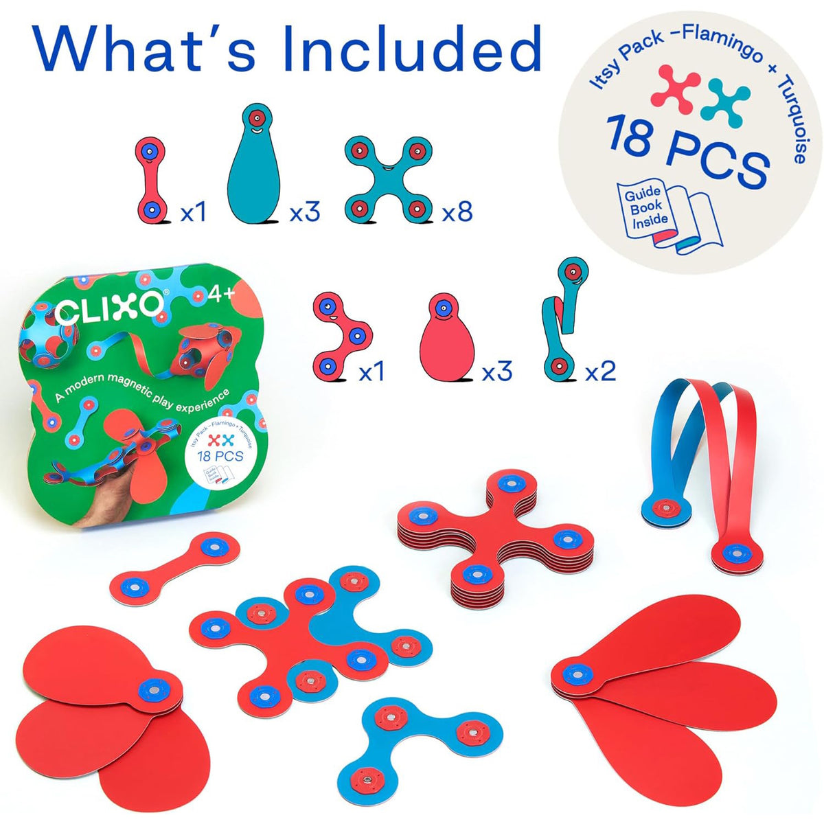 A graphic showing "What's Included" in an 18-piece magnetic building set, featuring its box and pieces.