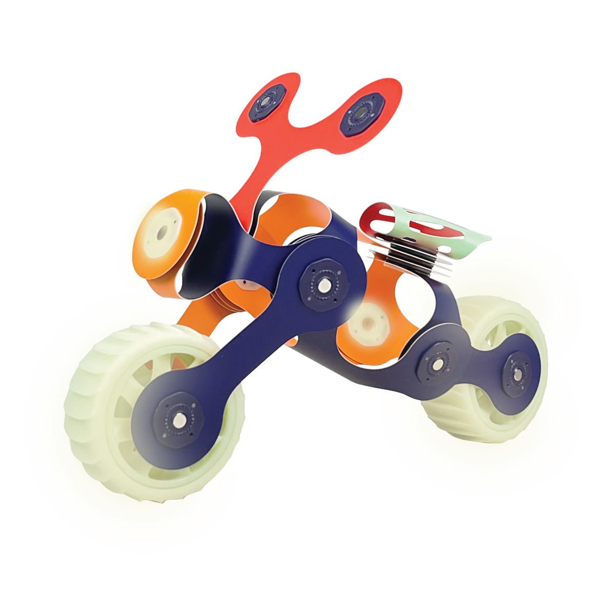 A toy motorcycle built with flexible Clixo magnetic pieces and glowing green wheels against a white background.