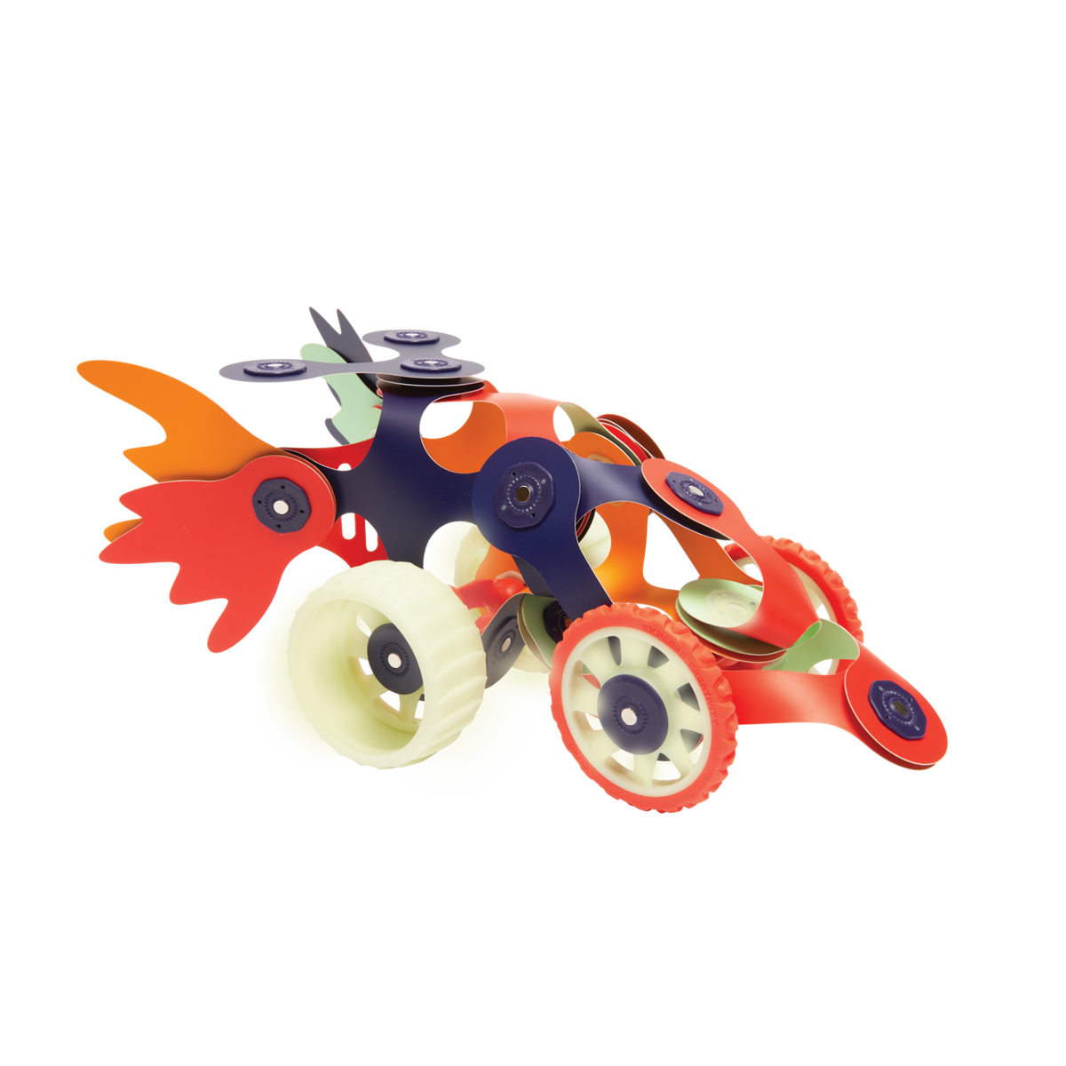 A futuristic toy car built with flexible Clixo magnetic pieces and glowing wheels against a white background.
