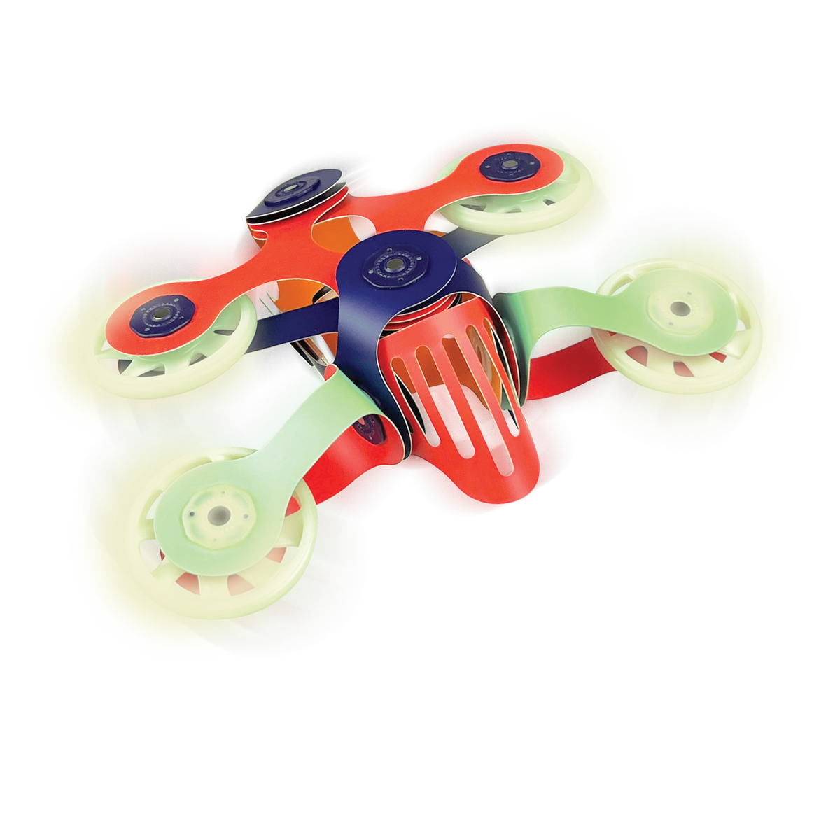 A toy drone craft built with flexible Clixo magnetic pieces and four glowing wheels against a white background.