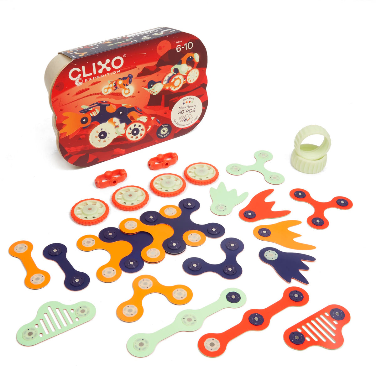 Clixo Expedition Mars Rovers 30-piece set box surrounded by its flat, colorful magnetic pieces and wheels.