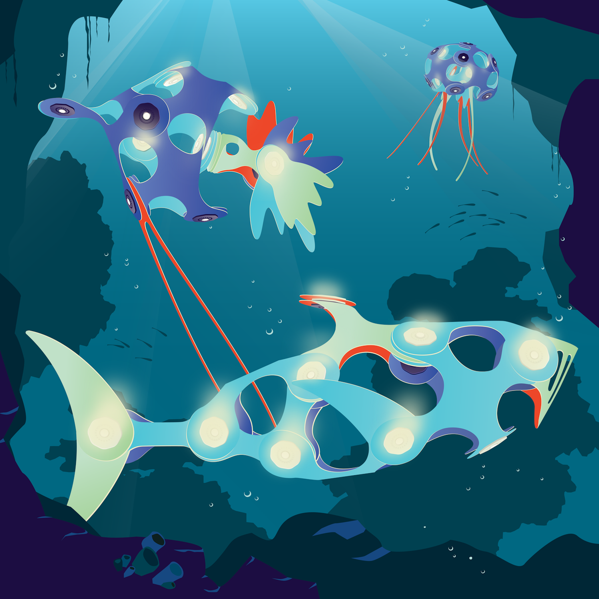 Glow-in-the-dark toy sea creatures, including a fish and jellyfish, swimming in an underwater scene.