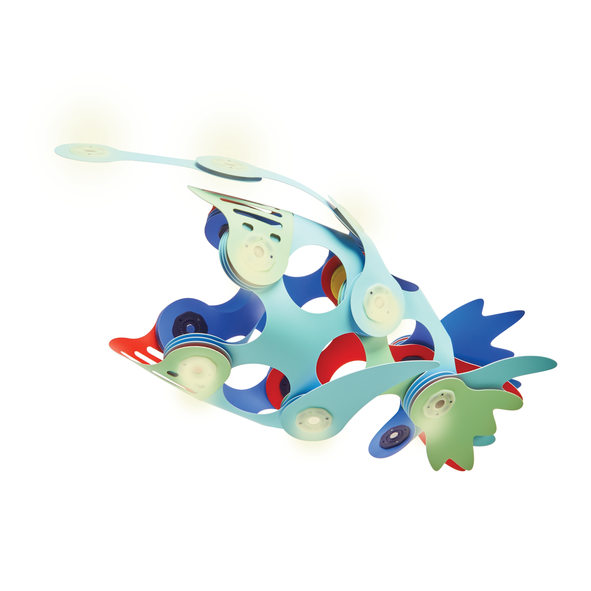 A colorful anglerfish creature made from flexible blue, green, and red magnetic toy pieces.