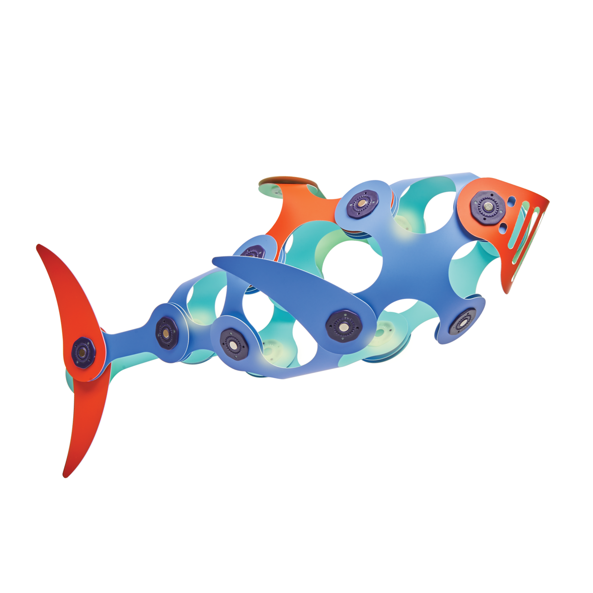 A colorful shark figure built with flexible, magnetic toy pieces in blue, orange, and teal.