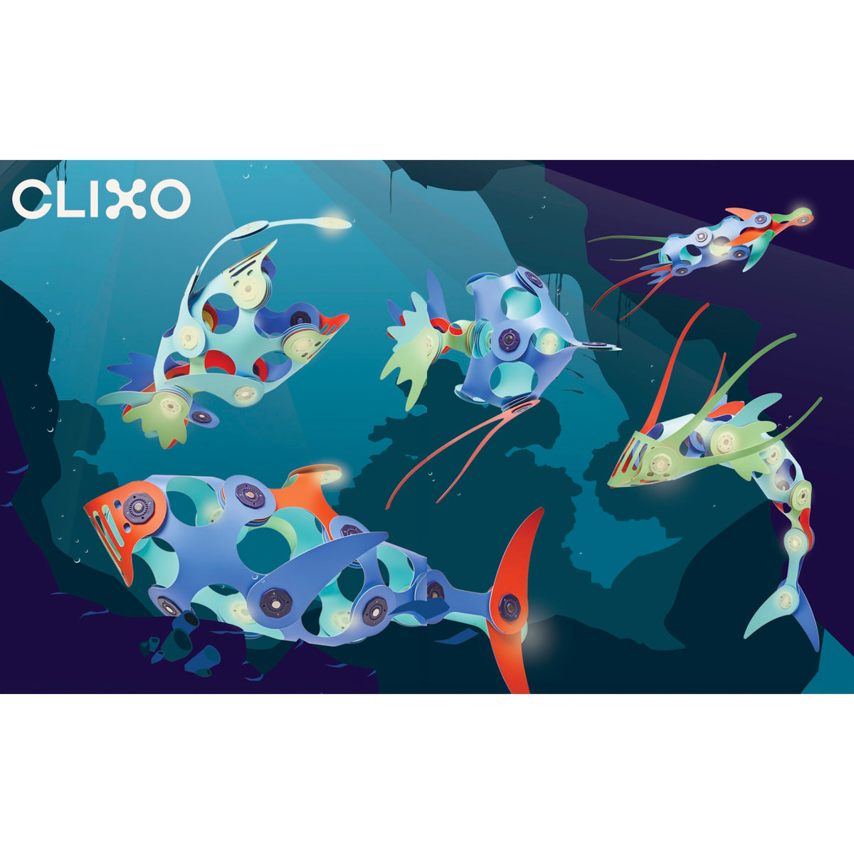 Five colorful sea creatures built with magnetic Clixo toy pieces floating in a blue underwater scene.