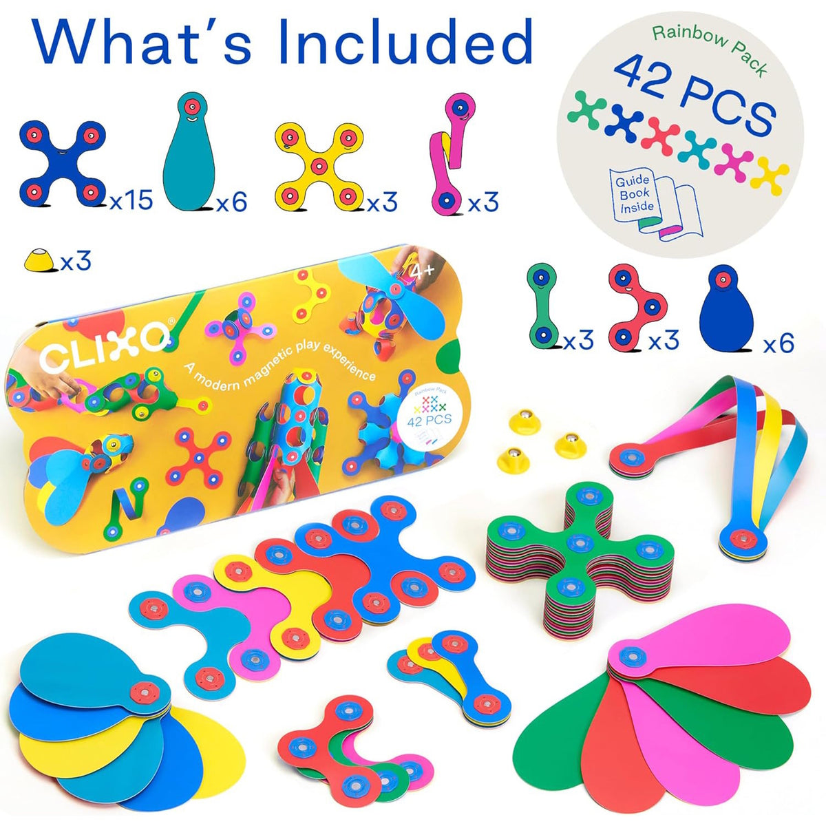 Product box and 42 colorful flexible magnetic toy pieces laid out with piece counts.