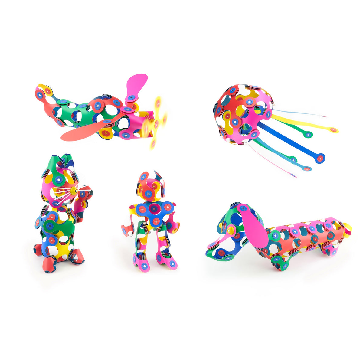 Five creative 3D figures, including a plane, jellyfish, cat, robot, and dog, constructed from colorful Clixo magnetic pieces.