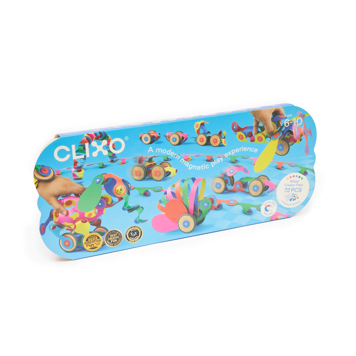 A blue Clixo Wheel Creator Pack box featuring various magnetic vehicle creations and award seals.