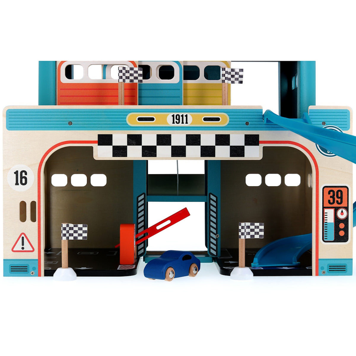 Wooden toy car garage playset with a blue car, racing flags, and a red barrier gate. Perfect for toddler imaginative play.