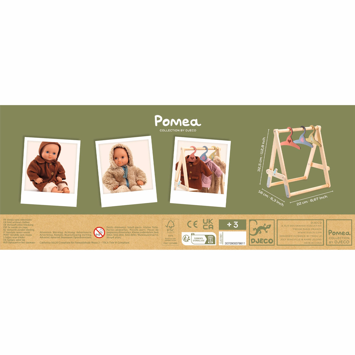 Djeco Pomea Collection wooden doll clothes rack with colorful hangers and baby doll accessory photos.