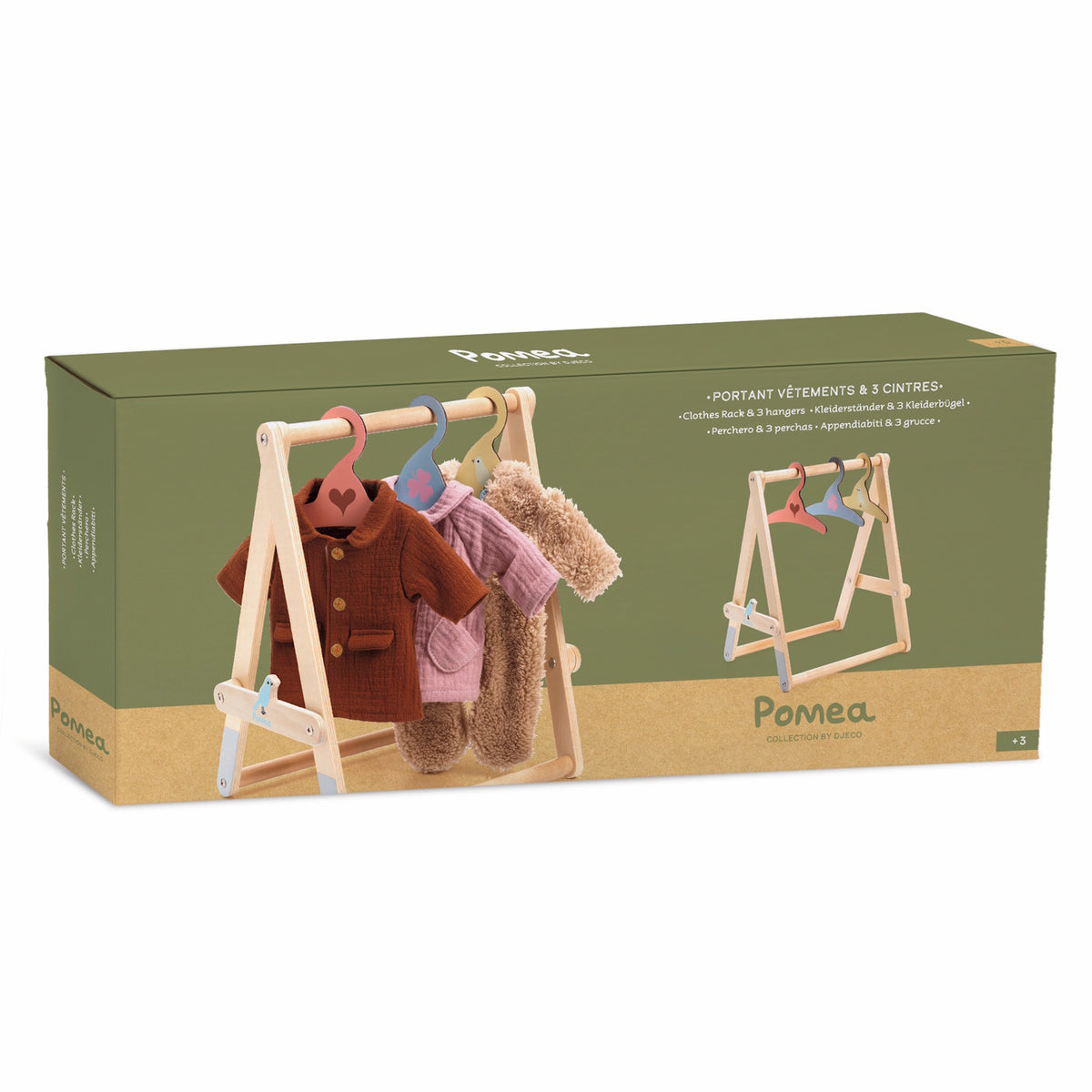 Djeco Pomea wooden doll clothes rack with three hangers and doll outfits in a green display box.