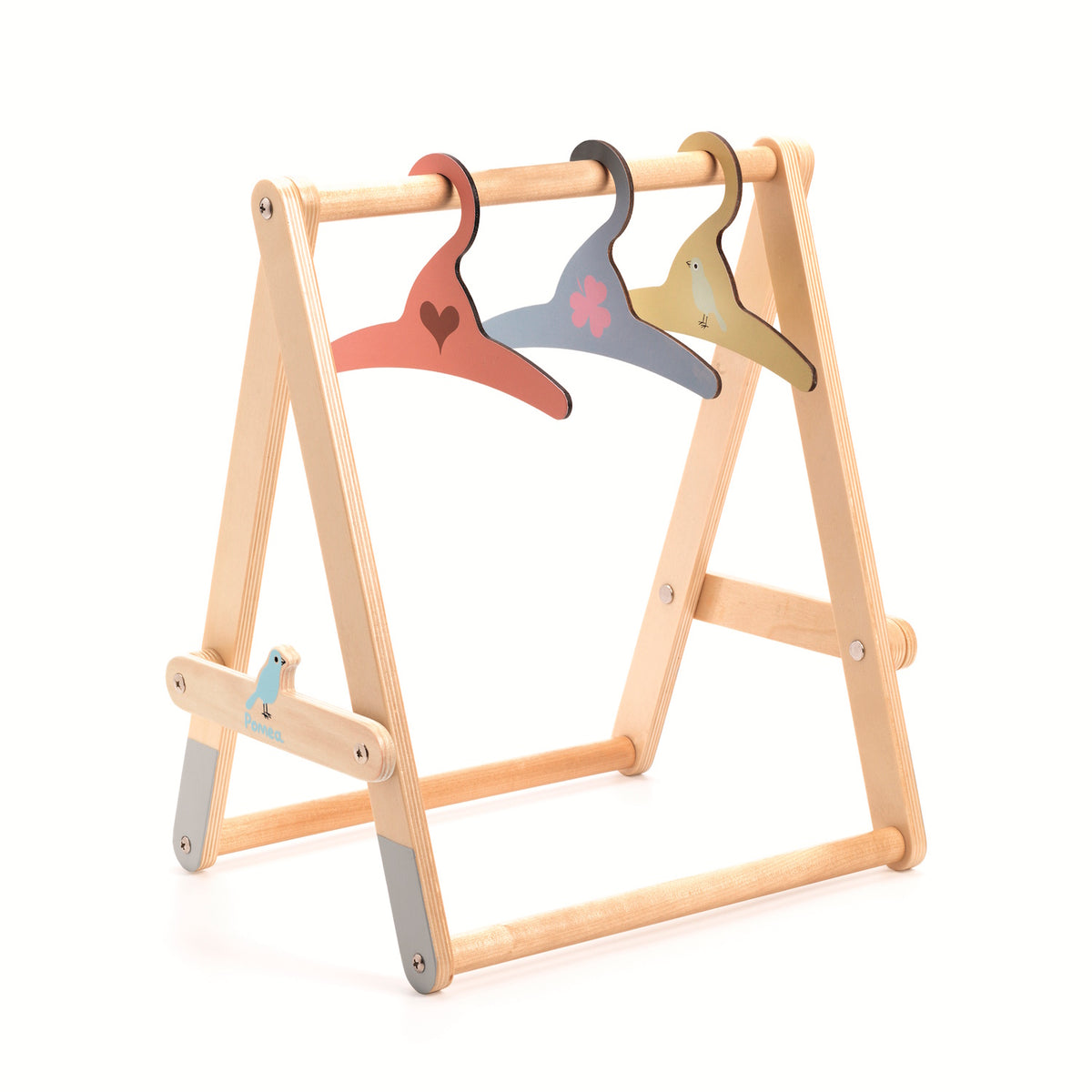 Wooden doll clothes rack with three colorful decorative hangers, nursery toy furniture for pretend play.