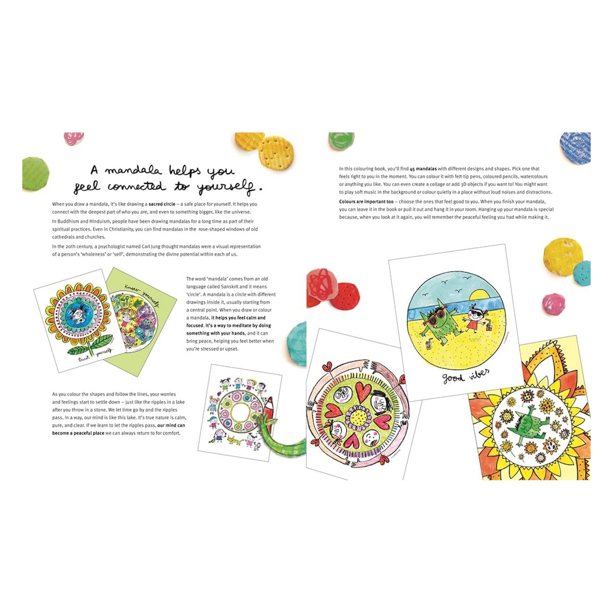 An open coloring book page explaining mandalas, featuring colorful monster illustrations and circular geometric designs.