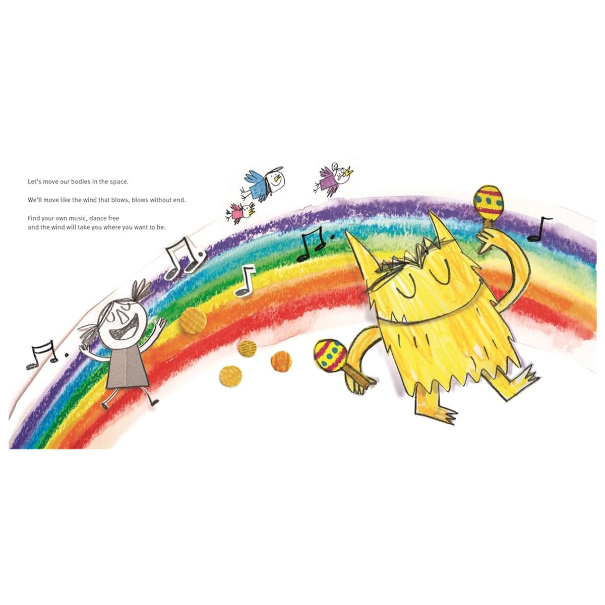 Illustration of a yellow monster and girl dancing on a rainbow with music notes, birds, and maracas.