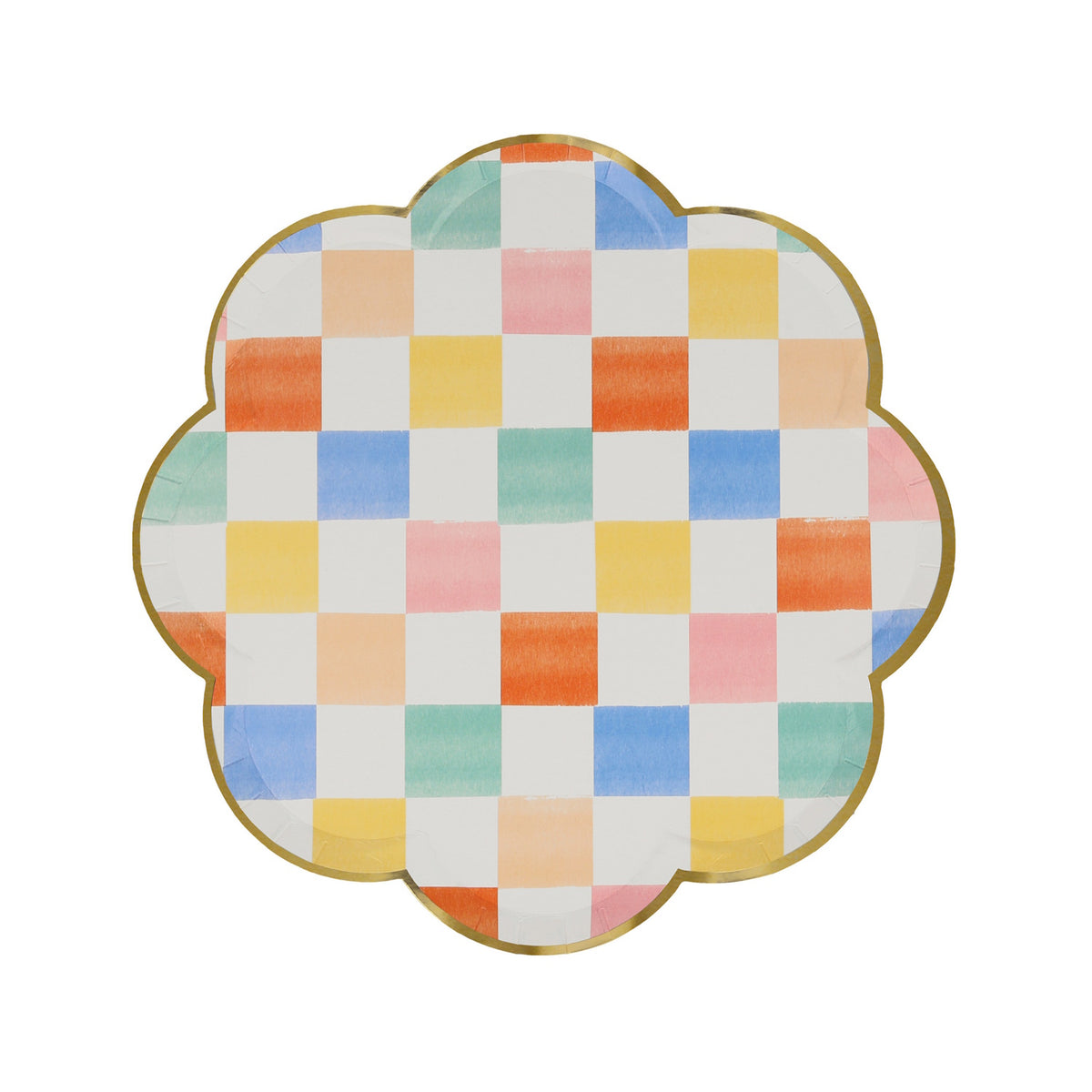 Scalloped side plate with a gold rim and colorful checkered pattern.