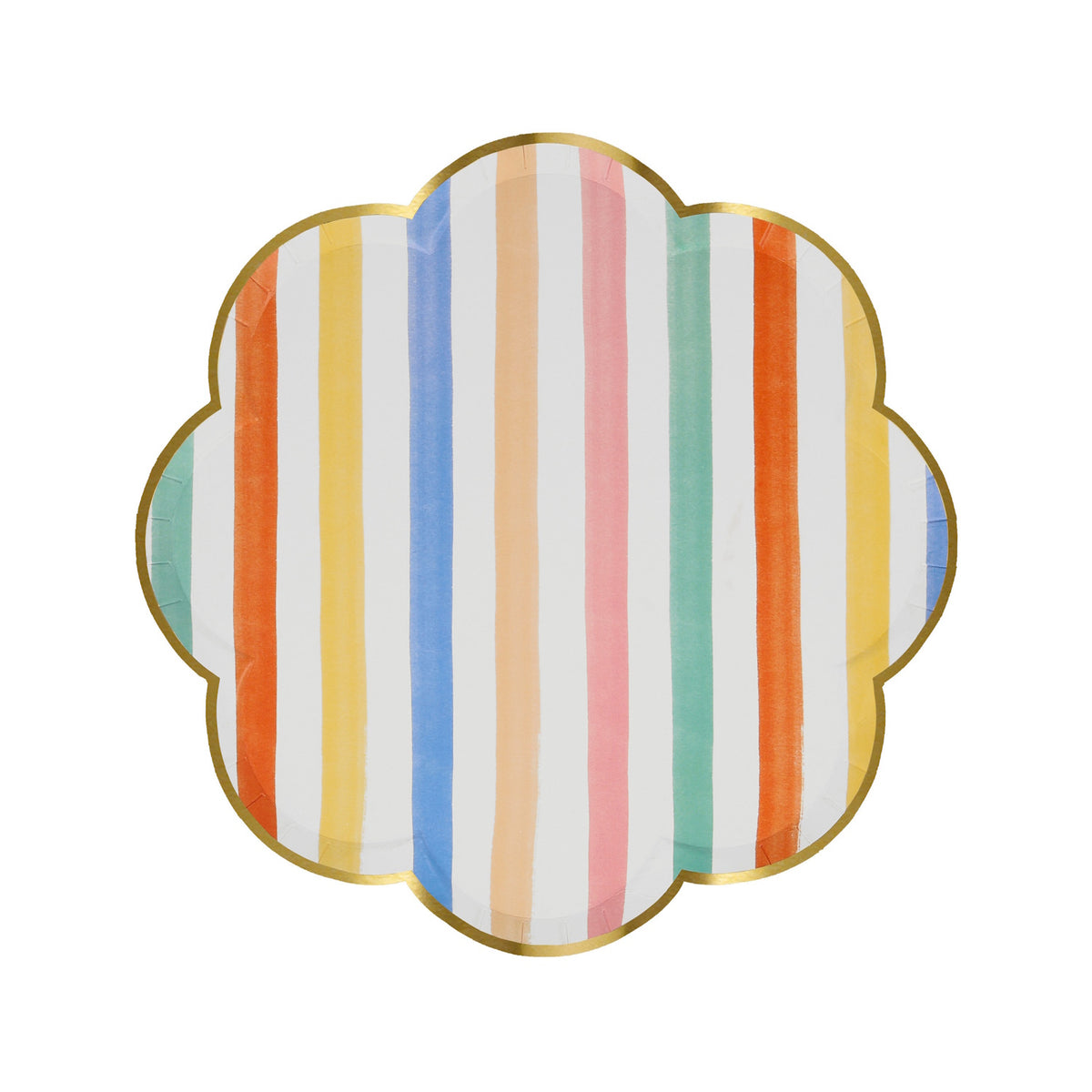 Scalloped side plate with a gold rim and colorful vertical stripes.
