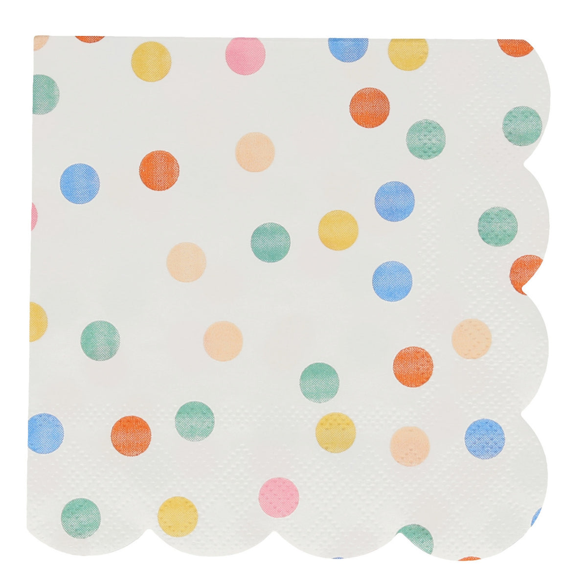 Scalloped white napkin featuring a multicolored polka dot pattern.