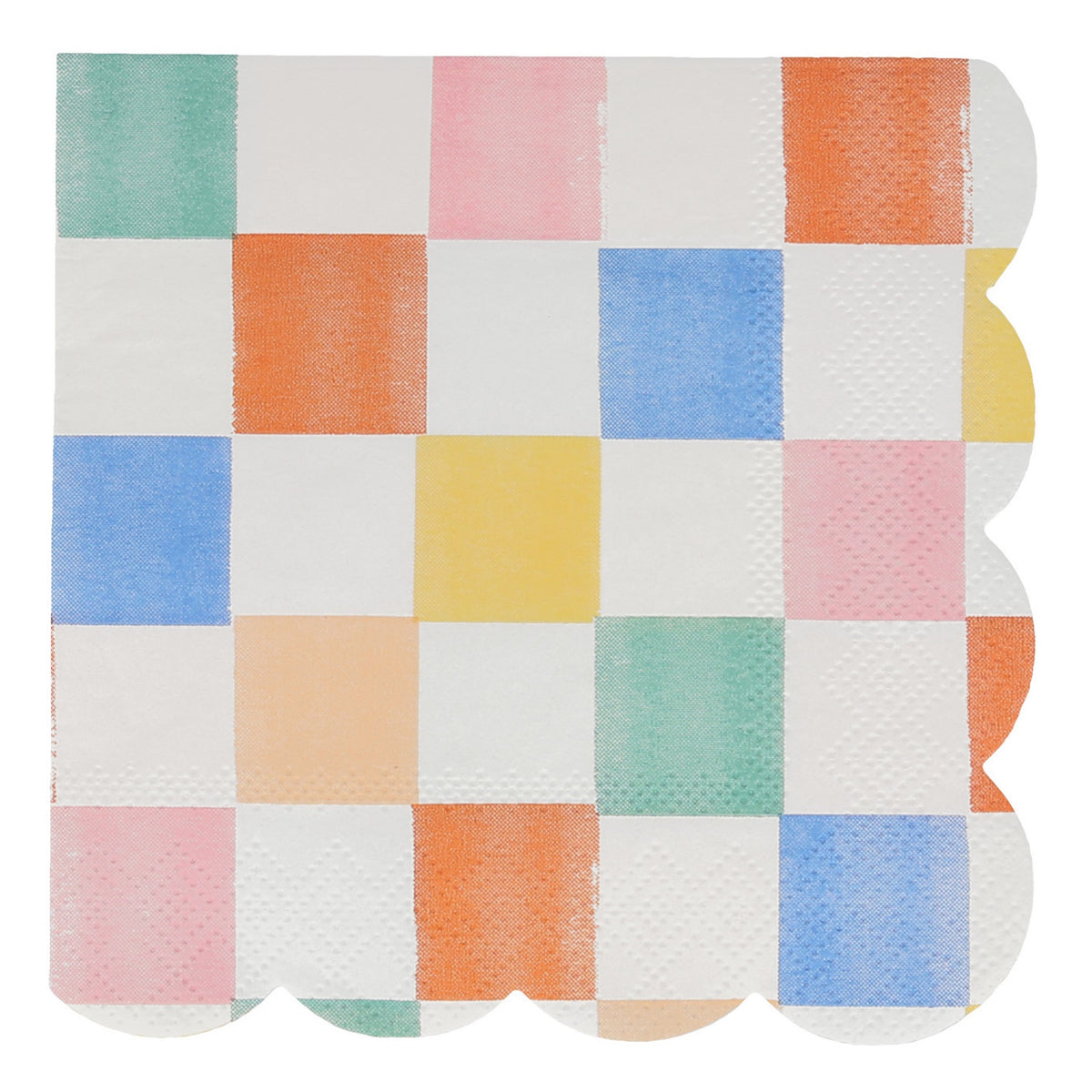 Scalloped napkin with a colorful checkered pattern.