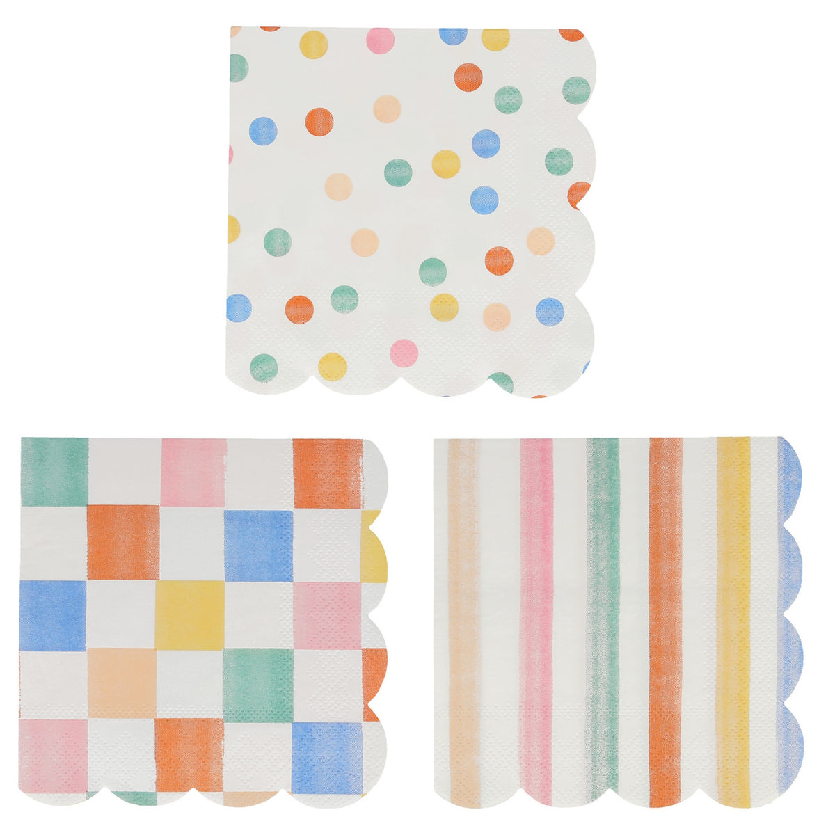 Three colorful small napkins with scalloped edges featuring polka dot, checkered, and striped patterns.