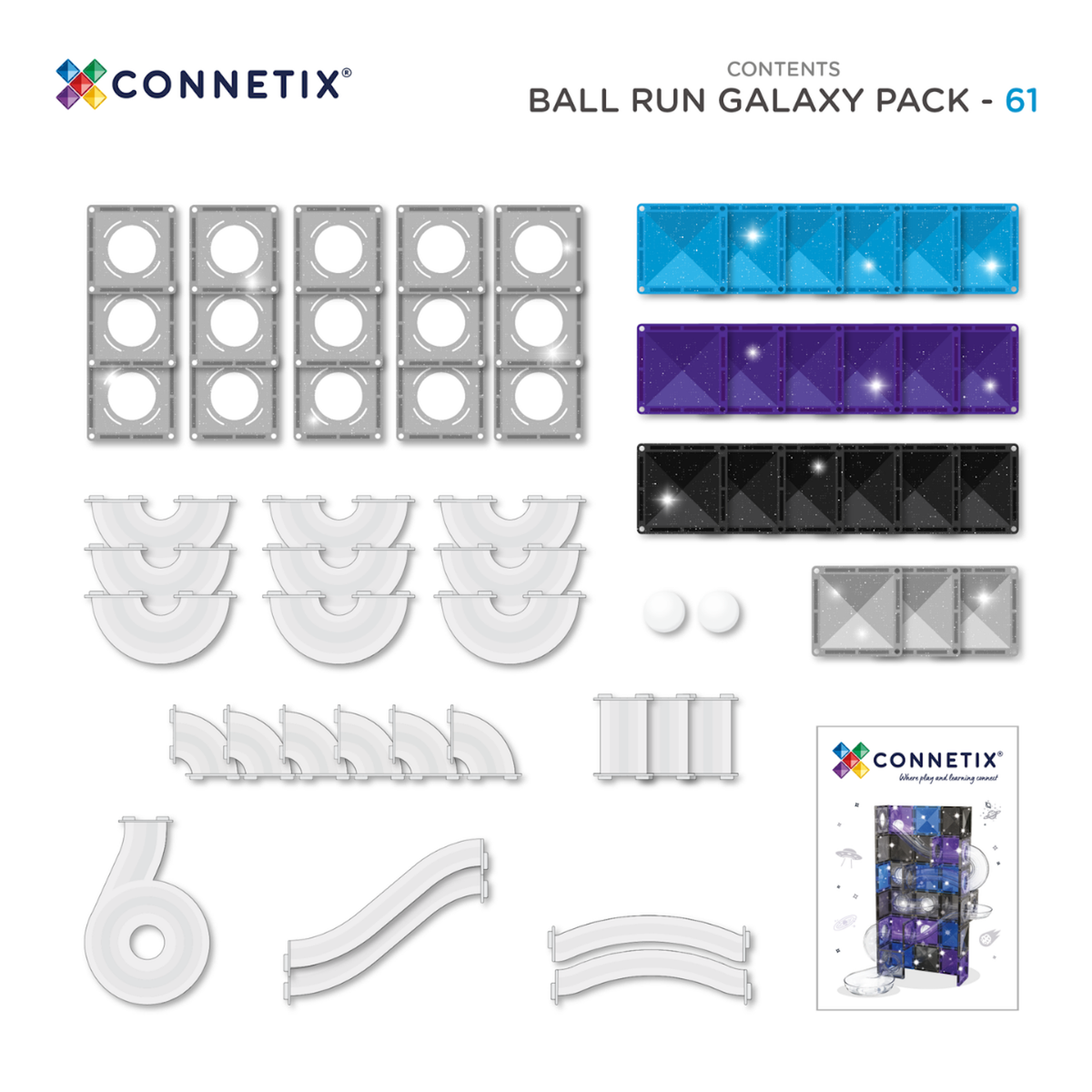 Product breakdown of a 61-piece magnetic ball run galaxy pack showing tiles, tubes, and balls.