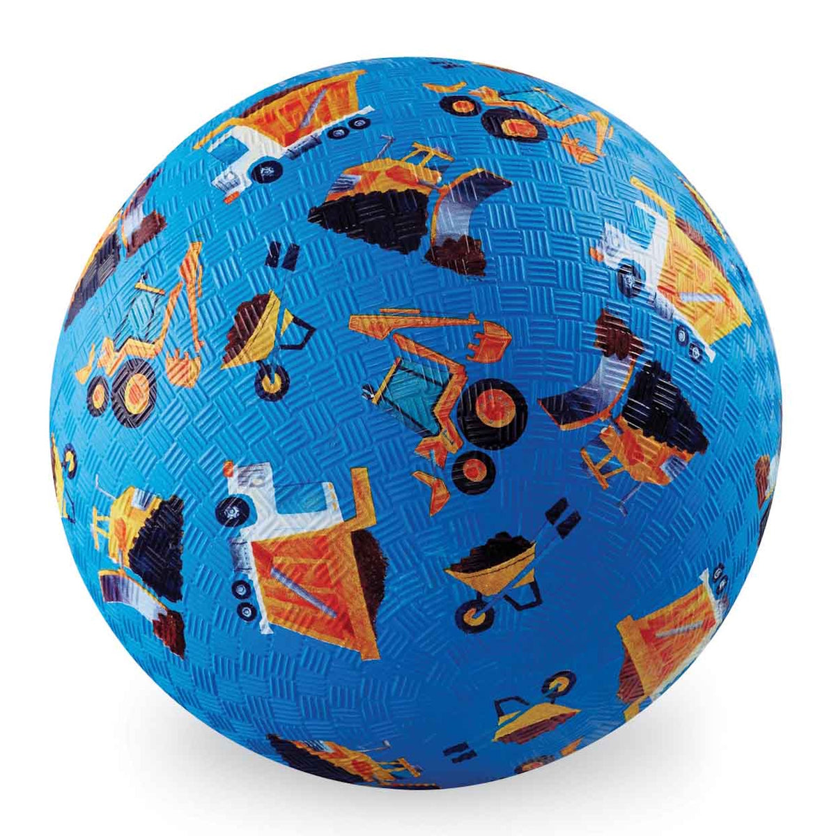 Blue textured playground ball featuring a construction truck pattern with dump trucks and excavators.