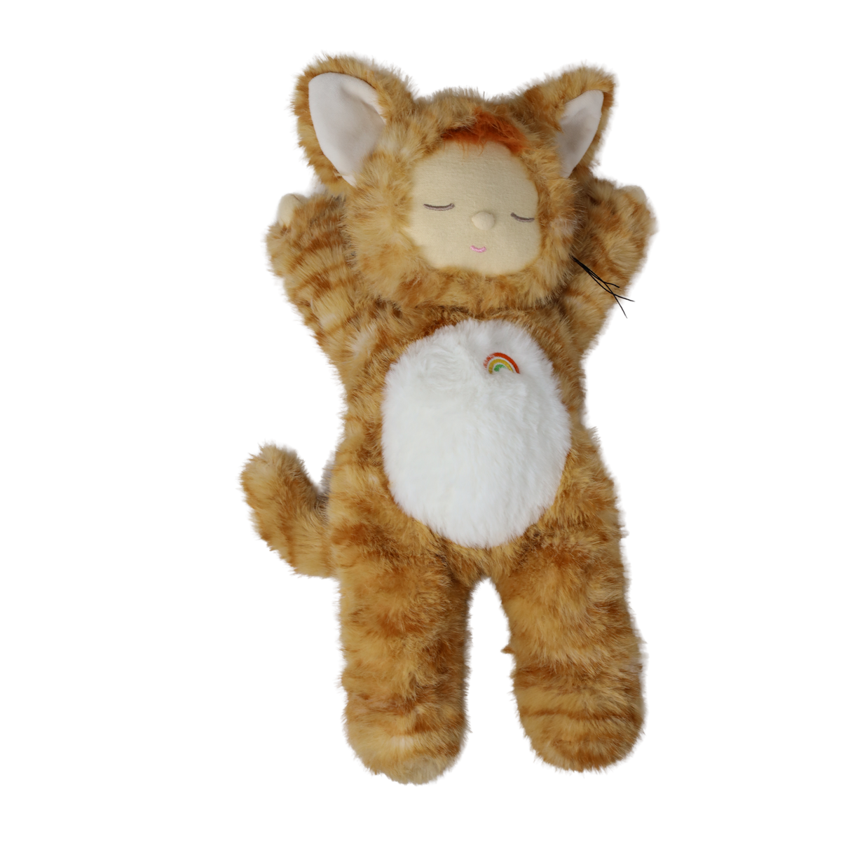Plush doll in an orange tabby cat suit stretching its arms up with closed eyes and white belly.