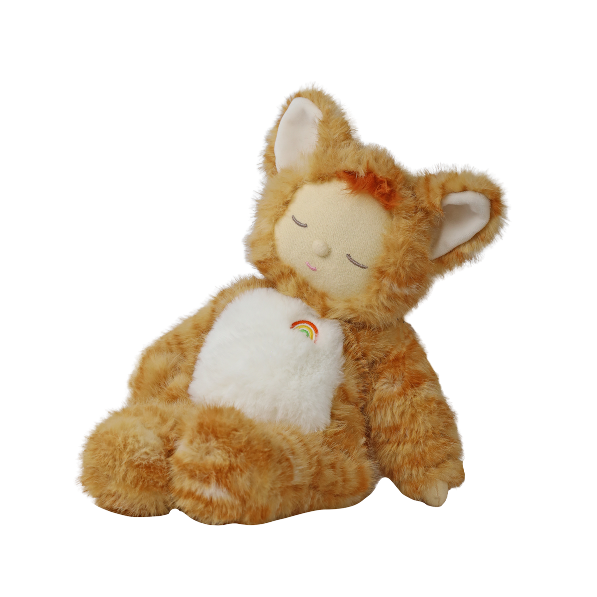Seated plush doll in a fuzzy orange tabby cat suit leaning back with closed sleeping eyes.