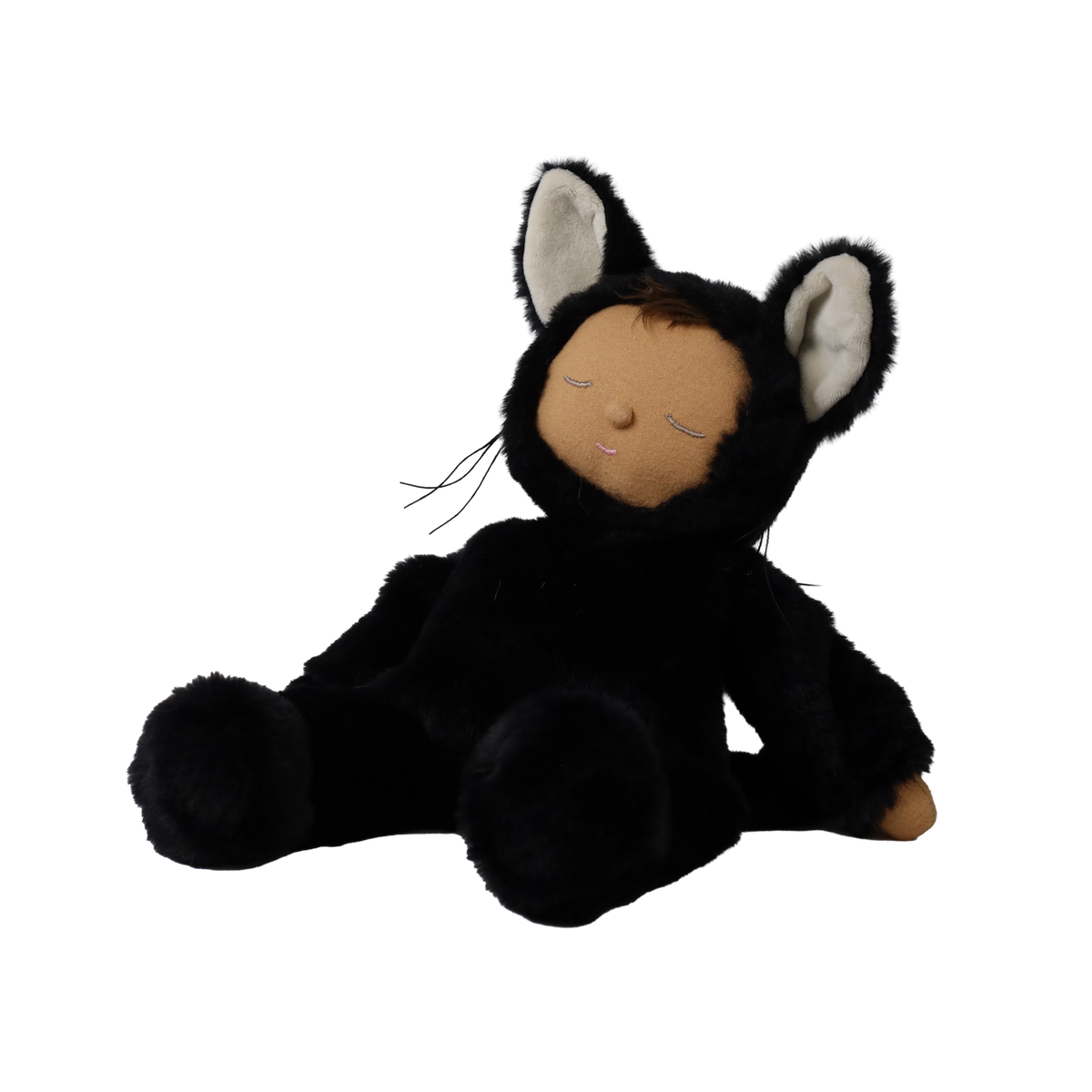 Seated plush doll in a fuzzy black cat suit leaning forward with sleeping eyes and white inner ears.