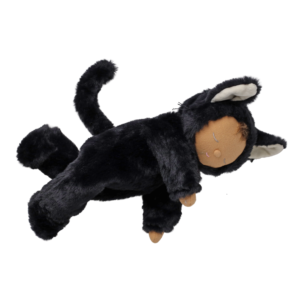 Plush doll in a fuzzy black cat suit lying on its stomach with closed eyes and a curved tail.