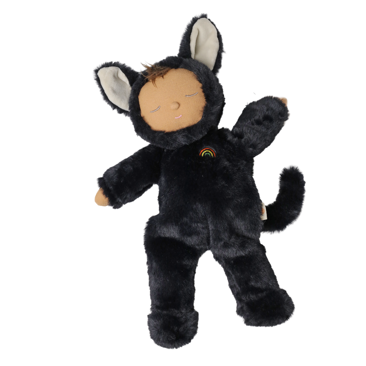 Plush doll in a fuzzy black cat suit reaching one arm up with closed sleeping eyes and a curved tail.