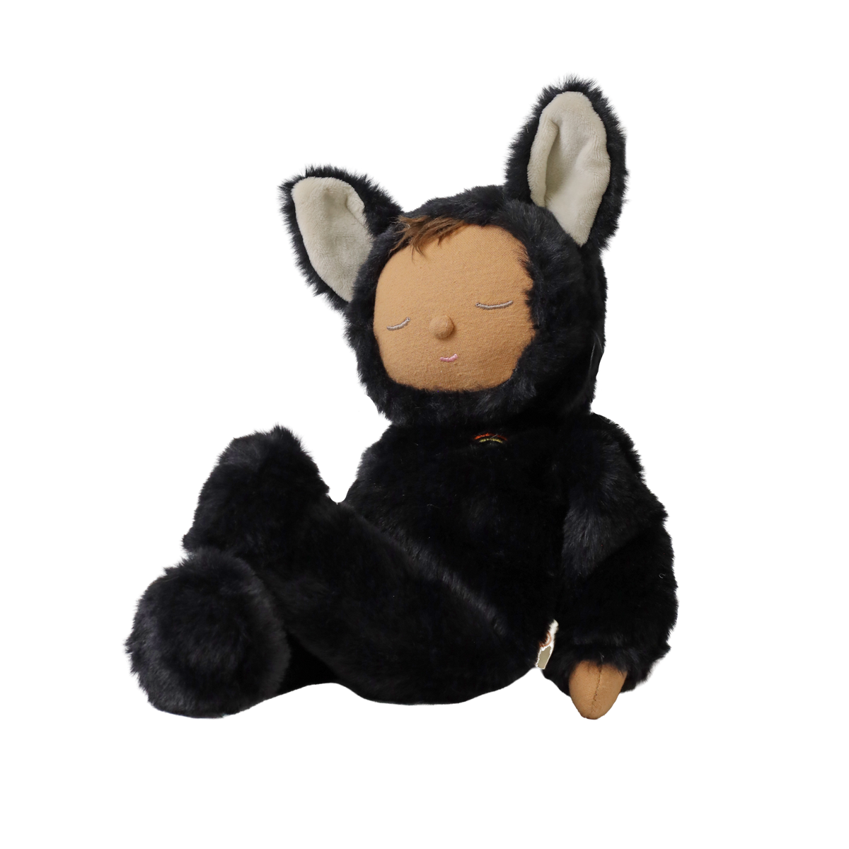 Seated plush doll in a fuzzy black cat suit reclining back with closed sleeping eyes.