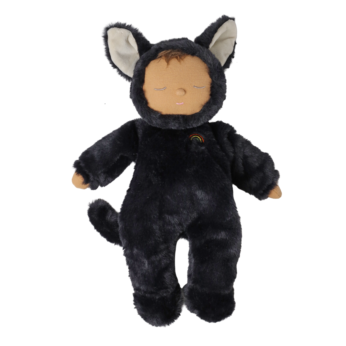 Standing plush doll in a fuzzy black cat suit with sleeping eyes, large cat ears, and a small tail.