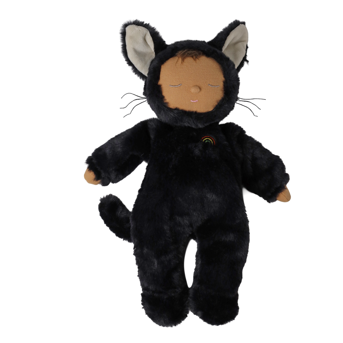 Front view of a plush doll in a fuzzy black cat suit with sleeping eyes, whiskers, and a tail.
