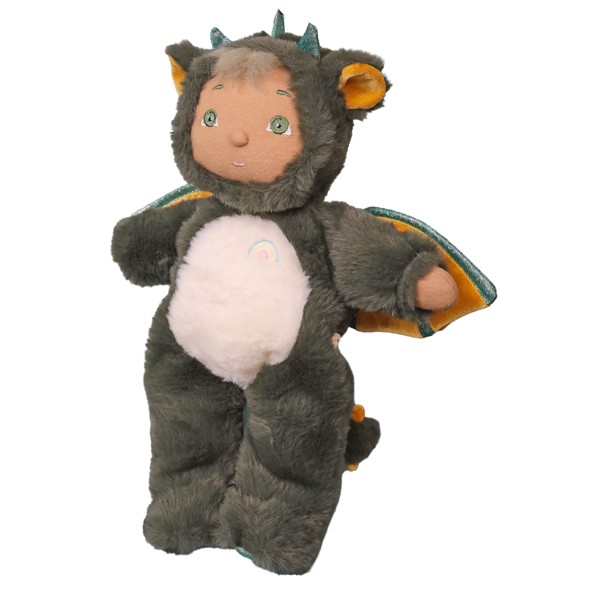 Side view of standing Cozy Day Dinkum Flint doll in a green plush dragon outfit with wings.