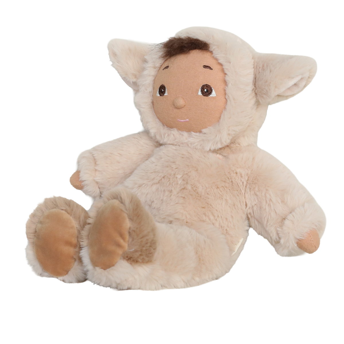 Olli Ella Cozy Dinkum Doll Lamby Tig plush baby doll wearing a fuzzy lamb suit, sitting.