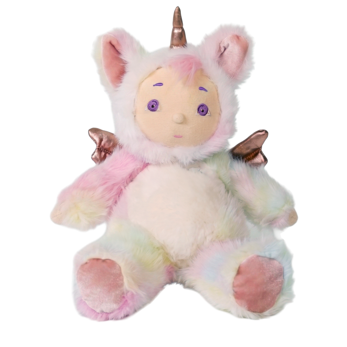 Plush baby doll in a rainbow unicorn onesie costume with metallic horn and small wings.