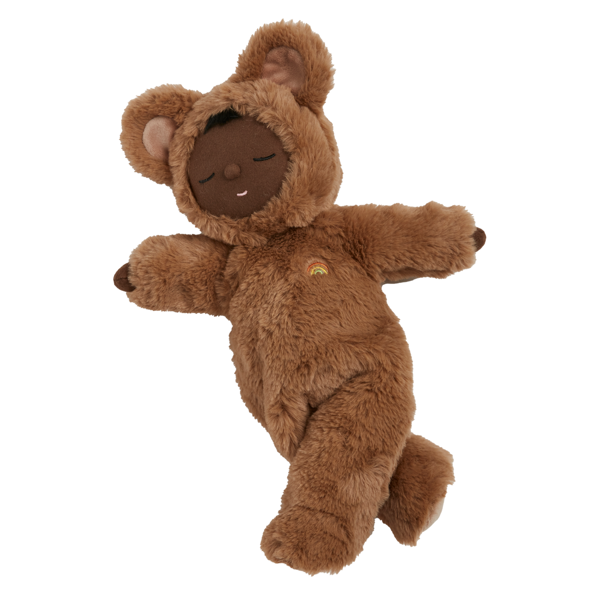 Cozy Dinkum Teddy Mini Caramel plush doll in a fluffy brown bear outfit.