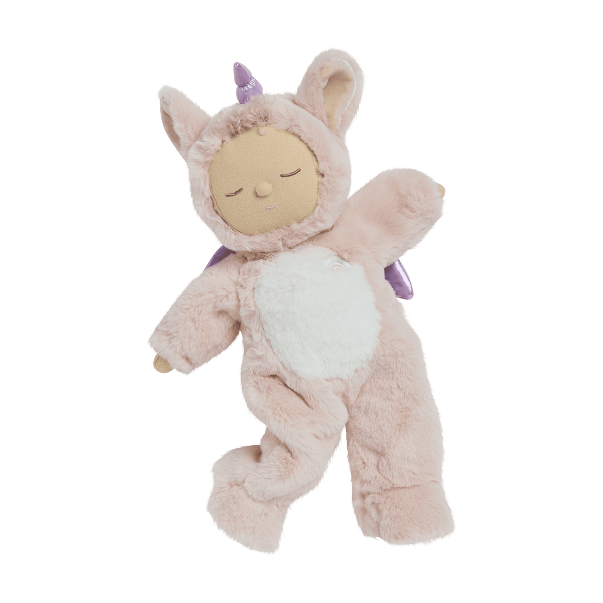 Olli Ella Cozy Dinkum Doll Unicorn Sugarpie in a pink plush suit with a purple horn.