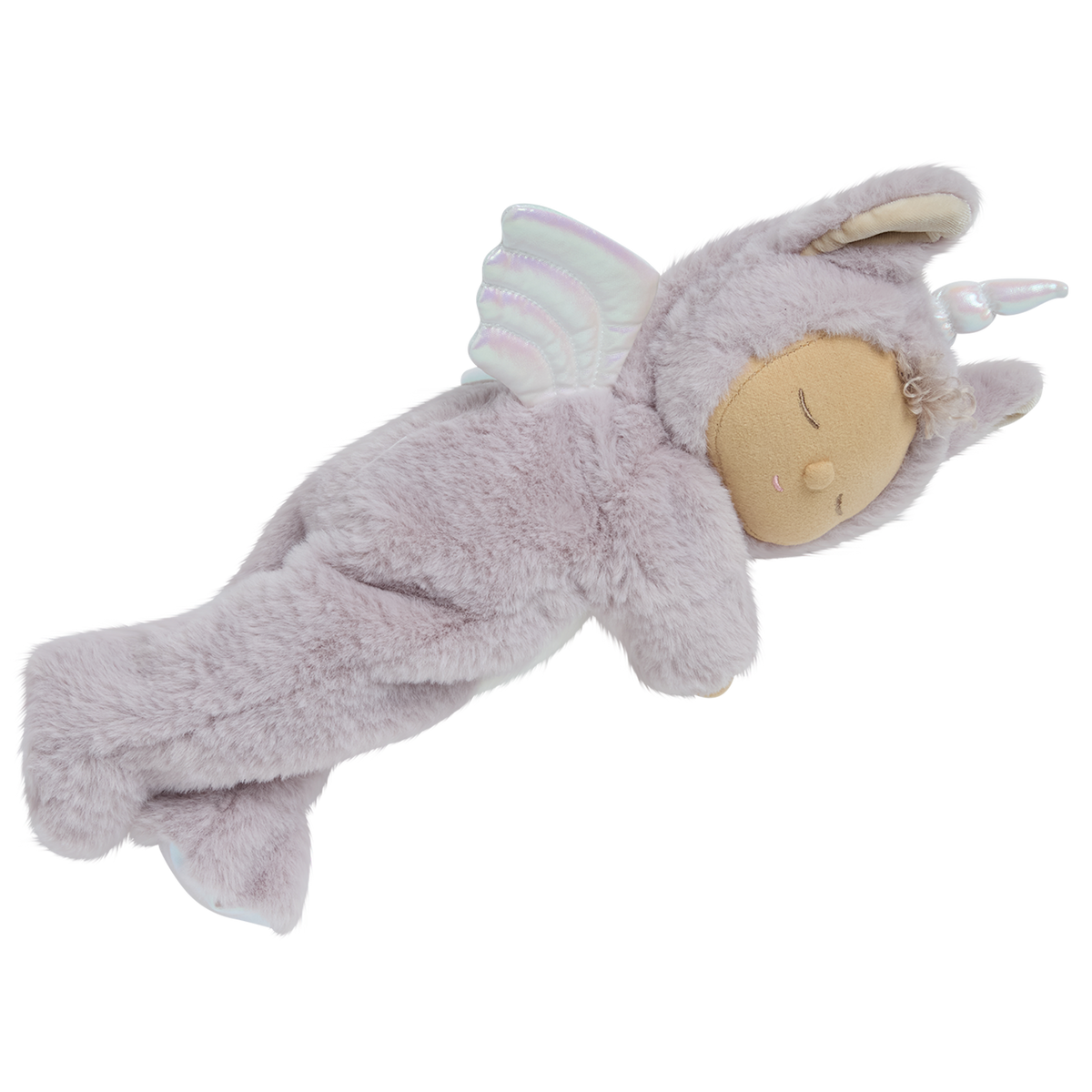 Olli Ella Cozy Dinkum Sweetpea Unicorn plush doll lying down, showing its soft purple suit and wings.