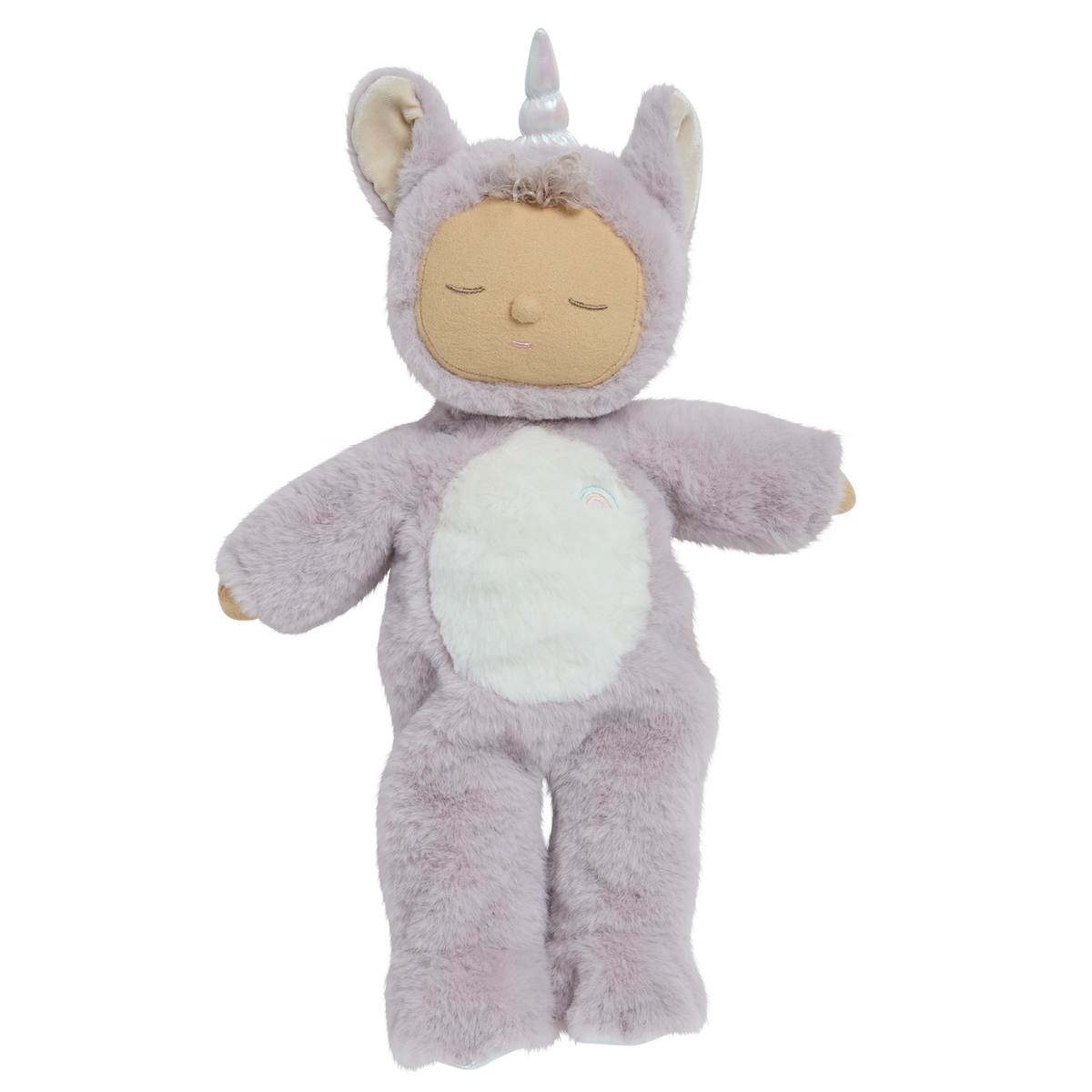 Olli Ella Cozy Dinkum Sweetpea Unicorn plush doll with a soft purple suit and white horn.